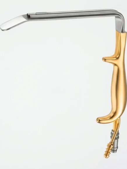 Ferreira Style Mammaplasty Retractor with integrated fiber-optic light guide, suction port, and ergonomic gold-plated handle for breast augmentation surgery.