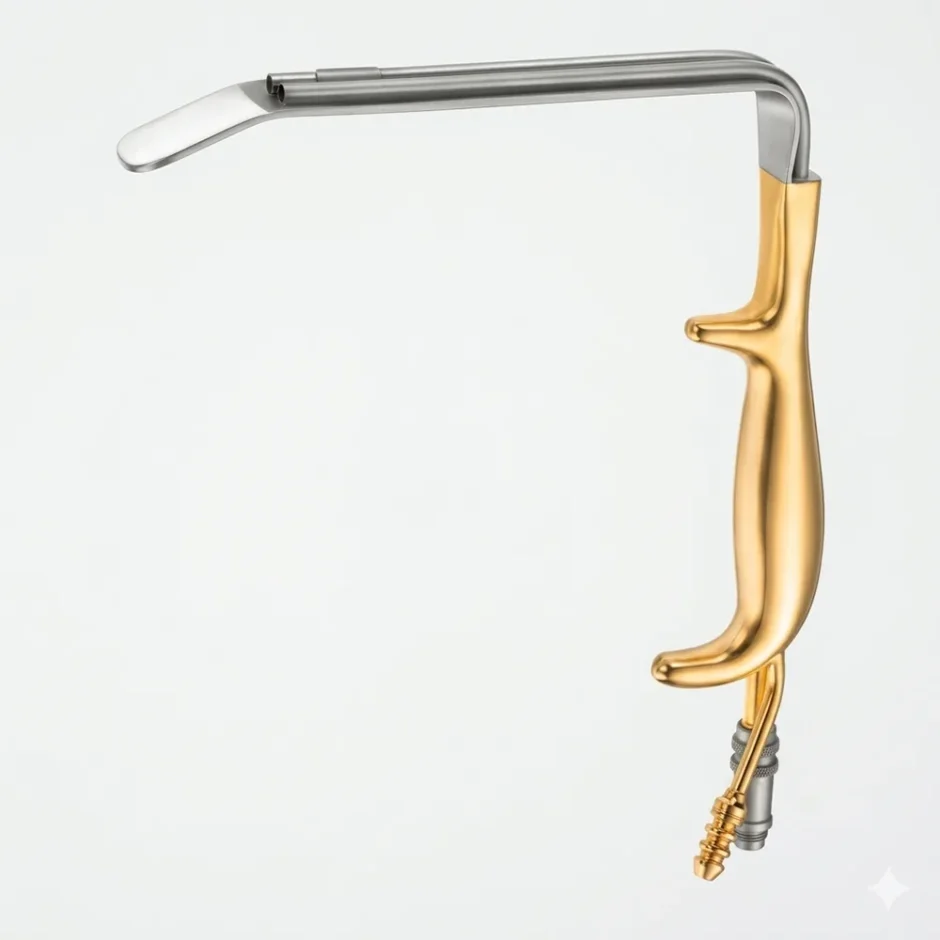 Ferreira Style Mammaplasty Retractor with integrated fiber-optic light guide, suction port, and ergonomic gold-plated handle for breast augmentation surgery.
