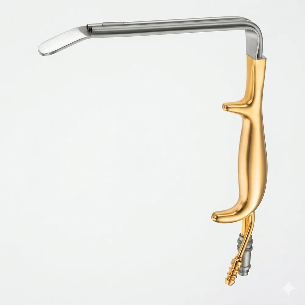 Ferreira Style Mammaplasty Retractor with integrated fiber-optic light guide, suction port, and ergonomic gold-plated handle for breast augmentation surgery.