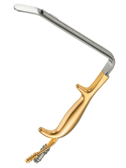Tebbets Style Mammaplasty Retractor with Gold Handle, Fiber Optic Light Guide, and Integrated Suction Tube for Breast Surgery.