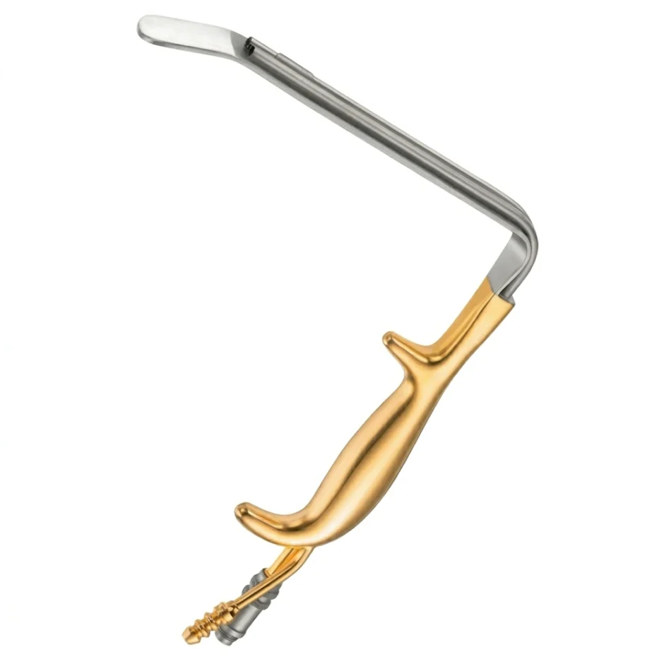 Tebbets Style Mammaplasty Retractor with Gold Handle, Fiber Optic Light Guide, and Integrated Suction Tube for Breast Surgery.