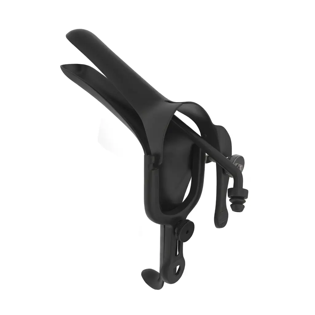 Graves ebonized vaginal speculum with non-reflective matte black coating for laser and LEEP procedures.